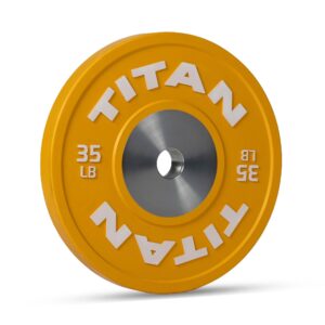 titan fitness 35 lb yellow elite olympic bumper plate, competition weight plates, rubber with steel hub insert, sold individually, for olympic weightlifting and cross-training workouts