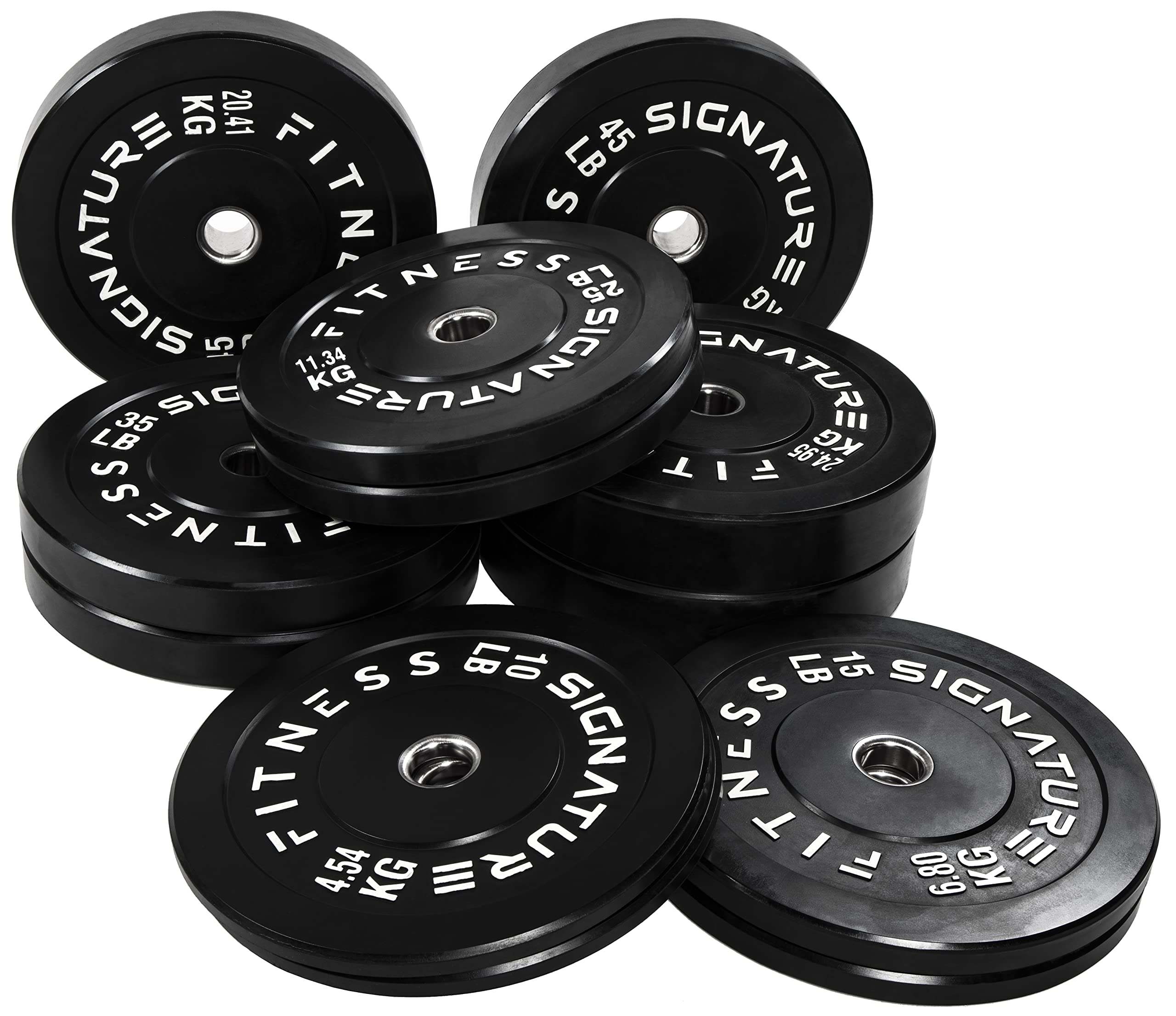 Signature Fitness 2" Olympic Bumper Plate Weight Plates with Steel Hub in Pairs or Sets - 100% Virgin Rubber, Black