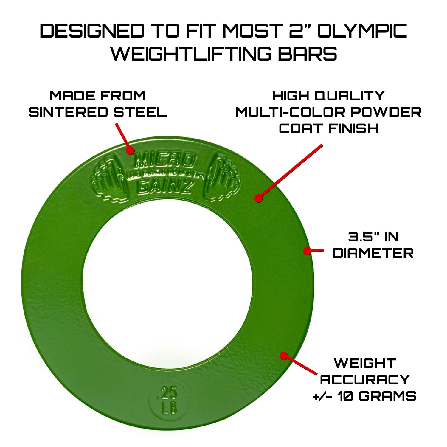 Micro Gainz Multi-Color Calibrated Fractional Weight Plates Set of 2 Pieces, Choose Set (.25LB-1LB), Designed for Olympic Barbell Weights for Strength Training, Made in USA (Green .25 lb)