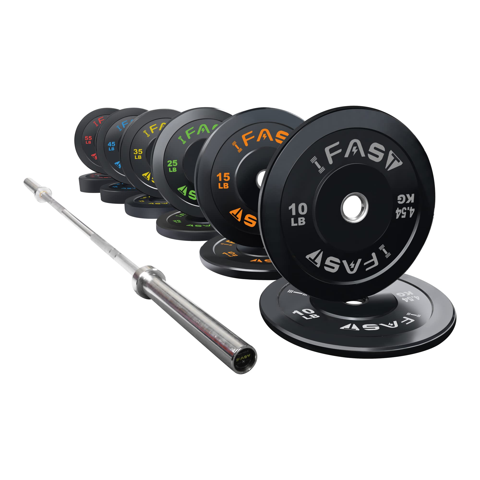 IFAST Home Gym 370LB Olympic Weight Set with 7Ft Olympic Barbell Bar, Bumper Plates Set, 700 lb Weight Capacity Bar with 2” Shaft (370 lbs Weight Set and Bar)