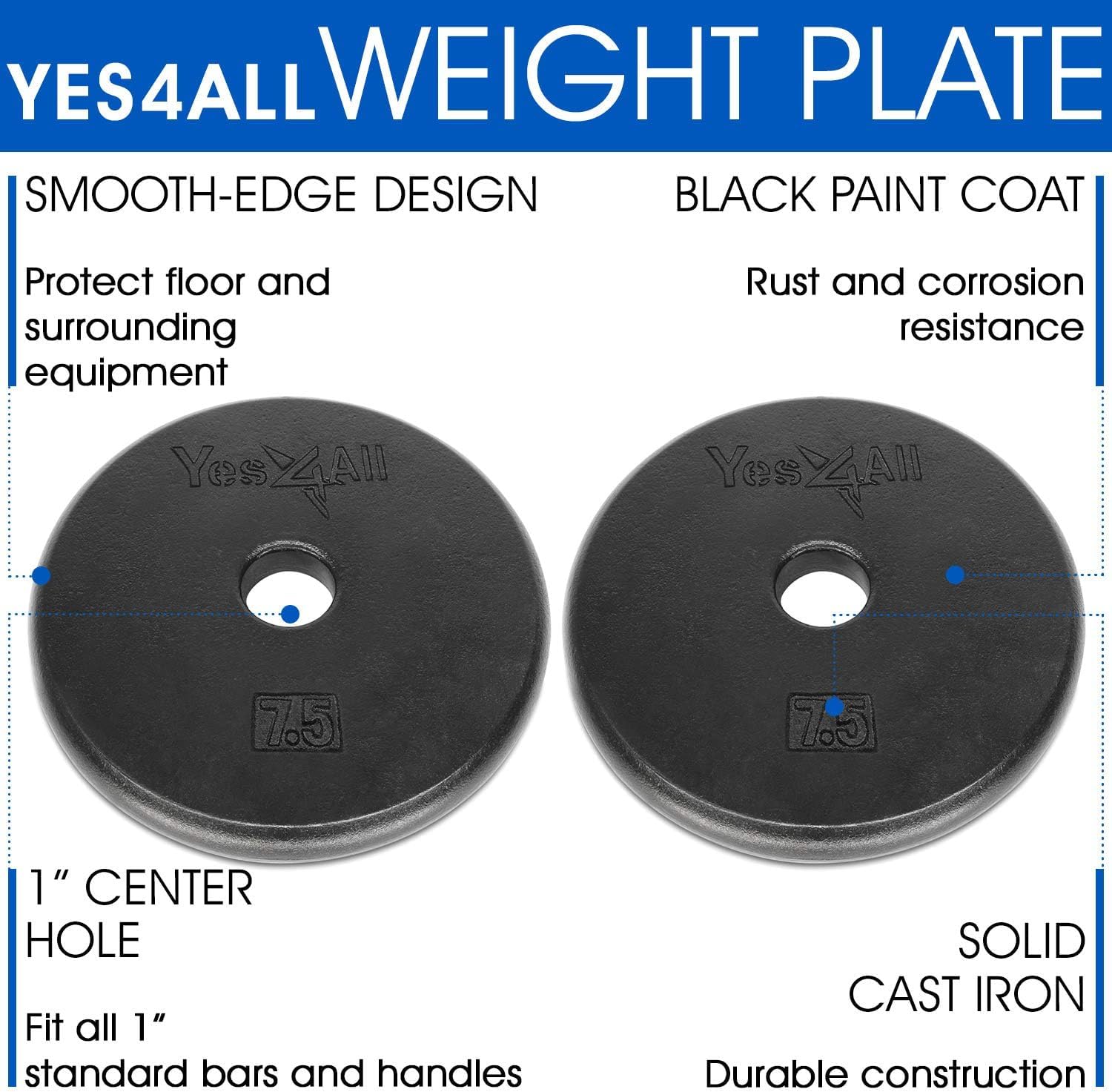 Yes4All 1-inch Cast Iron Weight Plates for Dumbbells – Standard Weight Disc Plates, 7.5 Pound (Pack of 2)