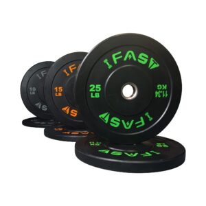 ifast olympic weight plates 100lb bumper plates, home gym rubber strength training plates with 2inch steel hub,color coded weightlifting bench rubberized barbell plate