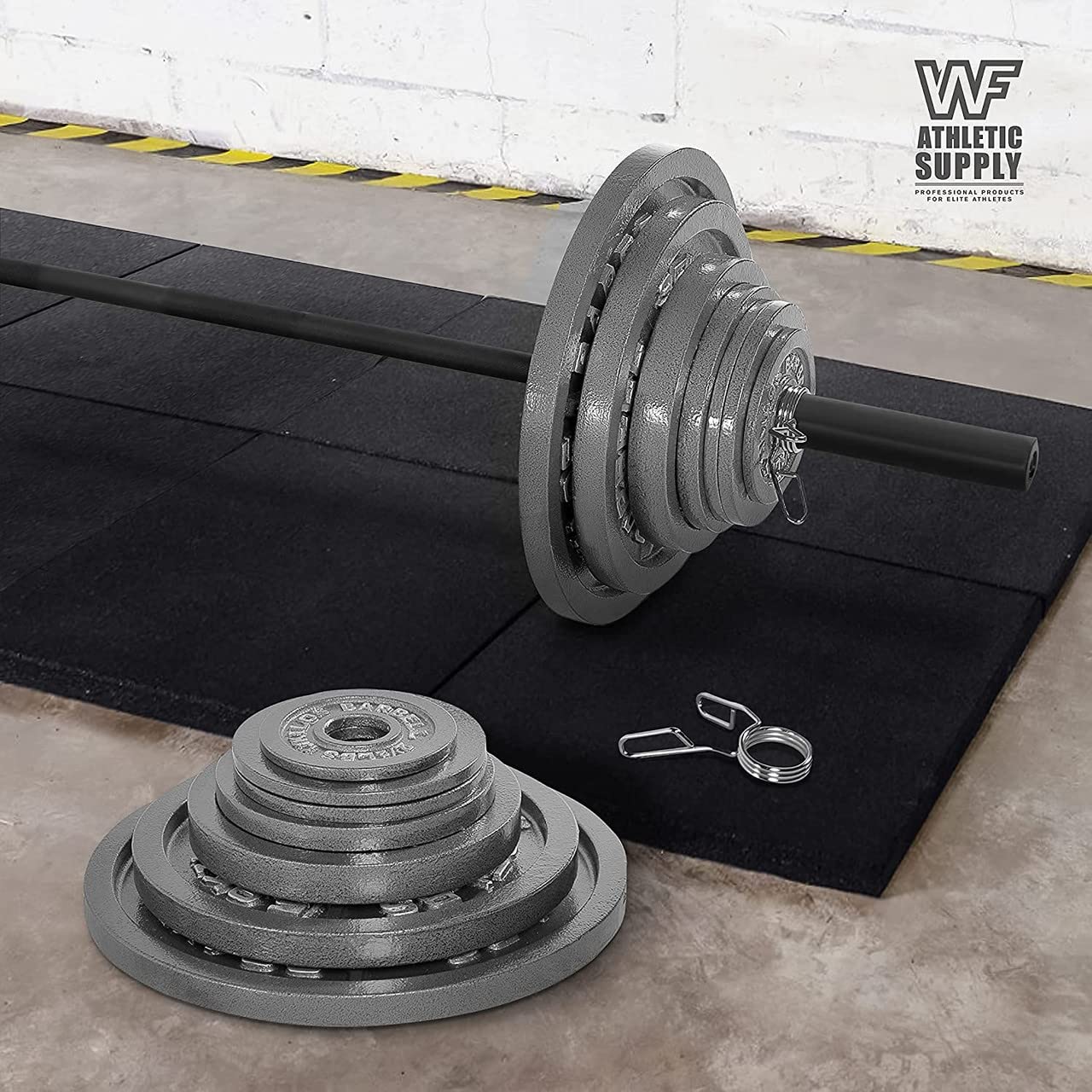 WF Athletic Supply 290lb & 300lb & 555lb Traditional/Classic Olympic Weight Plates Set with 7 ft. Olympic Barbell, Great for Strength Training, Weightlifting, Bodybuilding & Powerlifting