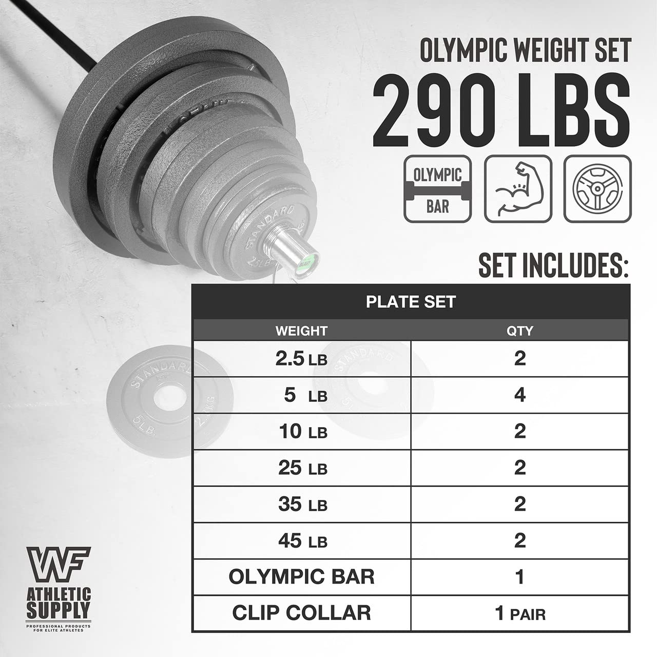 WF Athletic Supply 290lb & 300lb & 555lb Traditional/Classic Olympic Weight Plates Set with 7 ft. Olympic Barbell, Great for Strength Training, Weightlifting, Bodybuilding & Powerlifting