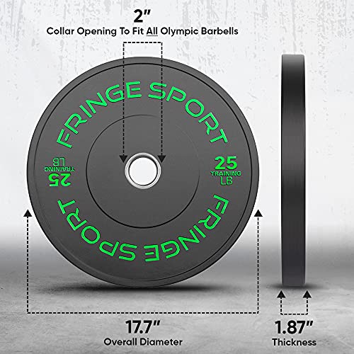 Fringe Sport Bumper Plates for Weightlifting and Strength Training - Rubber Weight Plates with Dead Bounce, Home Gym Equipment and Fitness Rally - Olympic Plates Ideal for Powerlifting - Pair and Set (Contrast-25lb-Green-Pair)