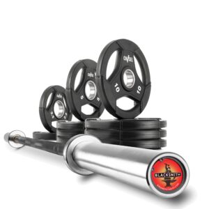 xmark chisel 65 lb olympic weights set and blacksmith barbell, 7' olympic bar and weight plates