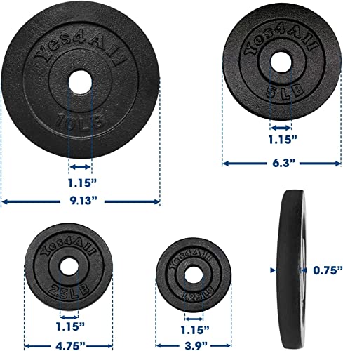 Yes4All Standard 1.15-inch Cast Iron Weight Plates - 1.25 + 2.5 + 5 +10lbs - Pair (Set of 8)