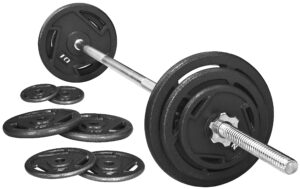 signature fitness cast iron standard weight plates including 5ft standard barbell with star locks, 45-pound set (35 pounds plates + 10 pounds barbell), multiple packages, style #3