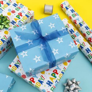 CAMKUZON Reversible Birthday Wrapping Paper Roll for Boys Girls Kids Men Women - Colorful Happy Birthday Lettering Balloon and Stars - Gift Wrap Paper for Birthday Party Holiday, 17.7 Inch X 33 Feet