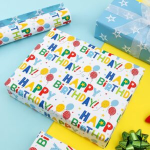 CAMKUZON Reversible Birthday Wrapping Paper Roll for Boys Girls Kids Men Women - Colorful Happy Birthday Lettering Balloon and Stars - Gift Wrap Paper for Birthday Party Holiday, 17.7 Inch X 33 Feet