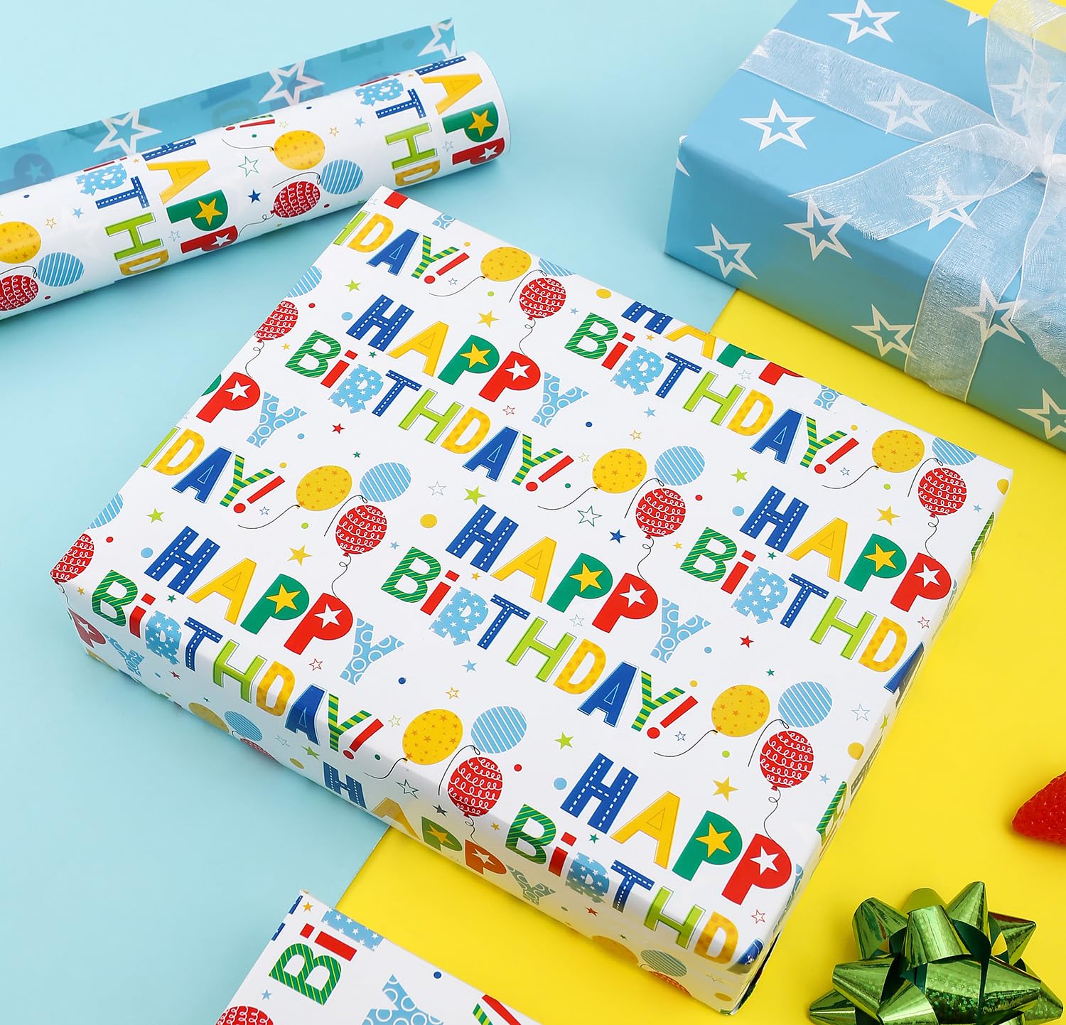 CAMKUZON Reversible Birthday Wrapping Paper Roll for Boys Girls Kids Men Women - Colorful Happy Birthday Lettering Balloon and Stars - Gift Wrap Paper for Birthday Party Holiday, 17.7 Inch X 33 Feet