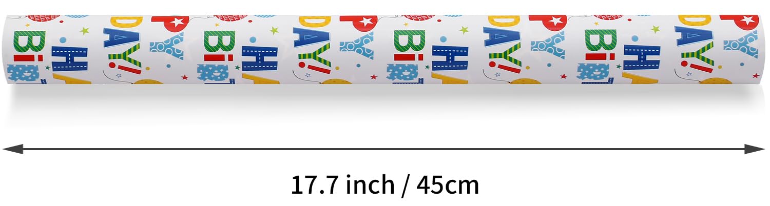 CAMKUZON Reversible Birthday Wrapping Paper Roll for Boys Girls Kids Men Women - Colorful Happy Birthday Lettering Balloon and Stars - Gift Wrap Paper for Birthday Party Holiday, 17.7 Inch X 33 Feet