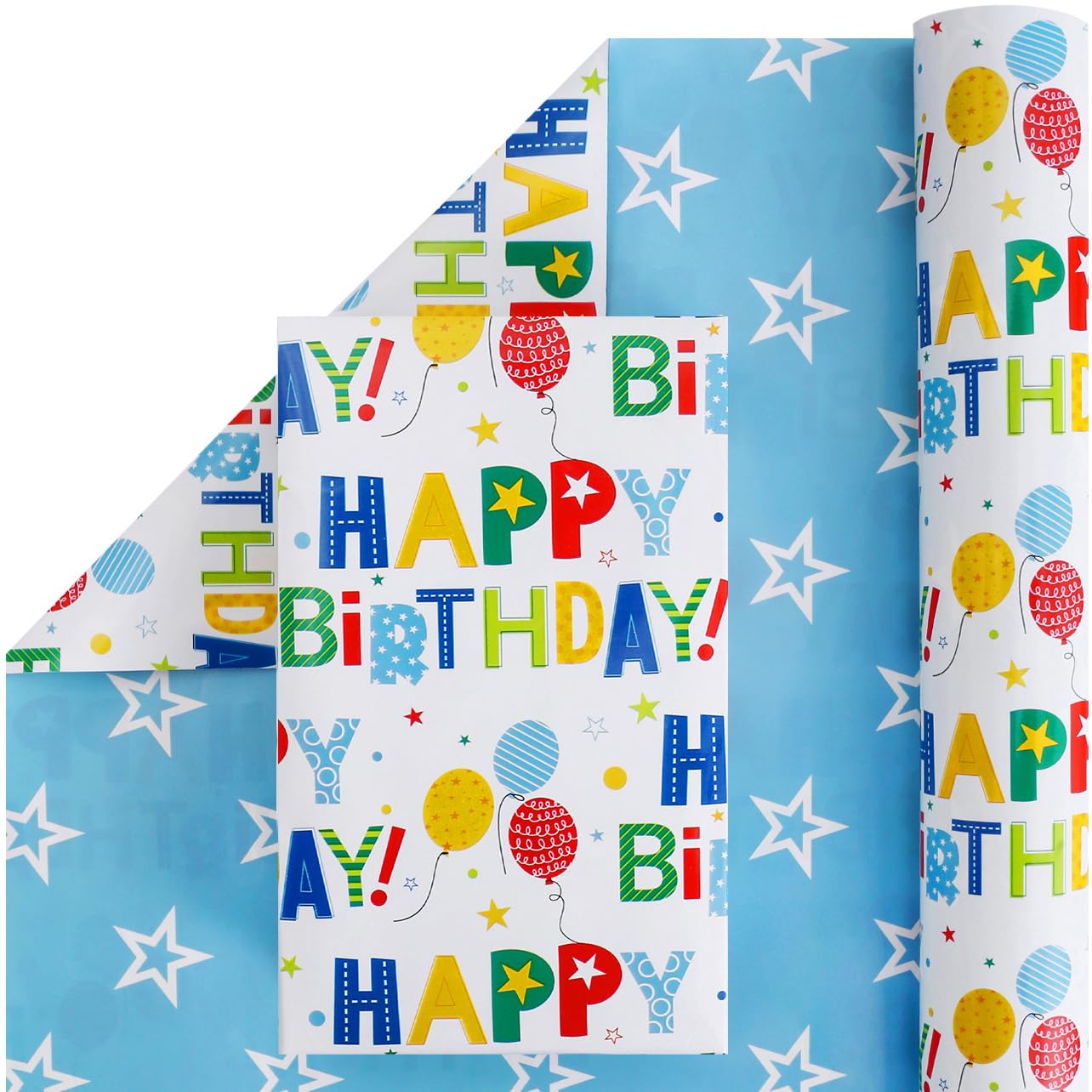 CAMKUZON Reversible Birthday Wrapping Paper Roll for Boys Girls Kids Men Women - Colorful Happy Birthday Lettering Balloon and Stars - Gift Wrap Paper for Birthday Party Holiday, 17.7 Inch X 33 Feet