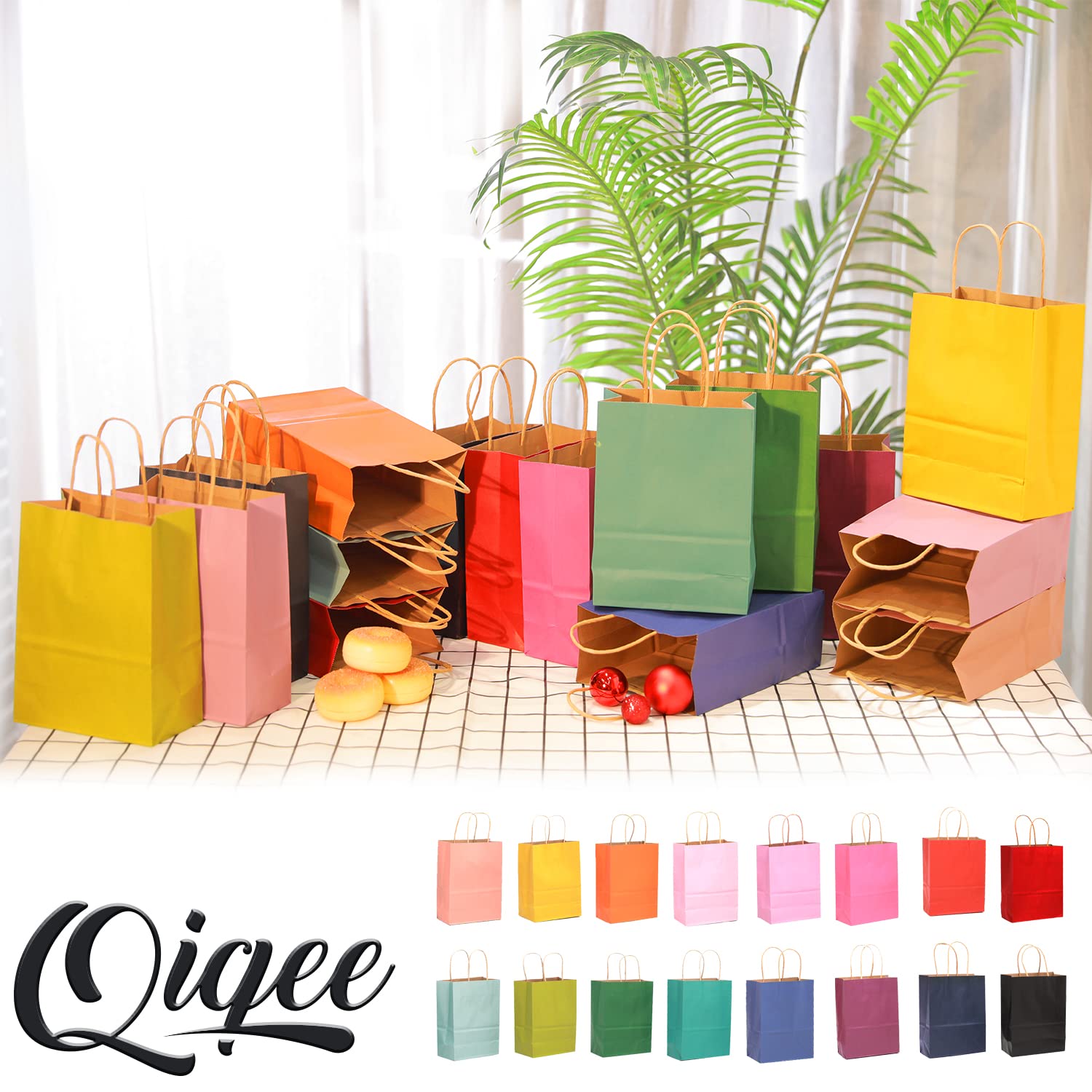 qiqee 32-Packs Paper Bags with Handles Bulk 7.6"x4.75"x10.5" Medium Gift Bags 16 Different Senior Color Bags Multiple Uses（Medium Size）