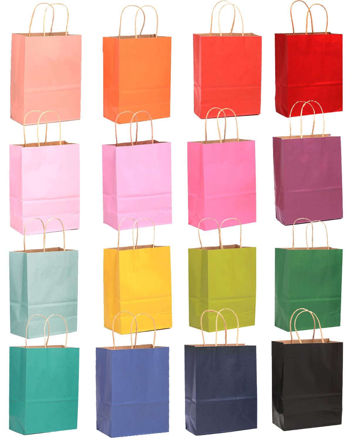 qiqee 32-Packs Paper Bags with Handles Bulk 7.6"x4.75"x10.5" Medium Gift Bags 16 Different Senior Color Bags Multiple Uses（Medium Size）