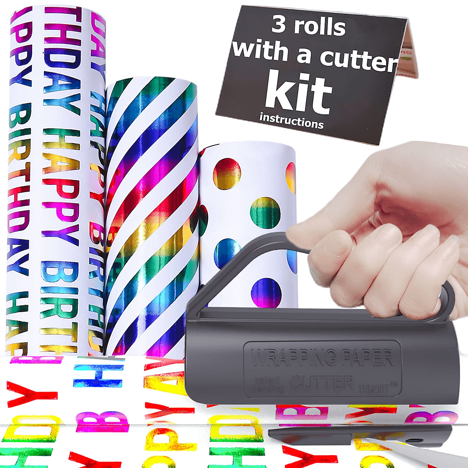 THMORT Colorful Foil Birthday Wrapping Paper Kit With Cutter for Kids & Adults, 17 x 120 Inch Mini Rolls With Rainbow Lettering