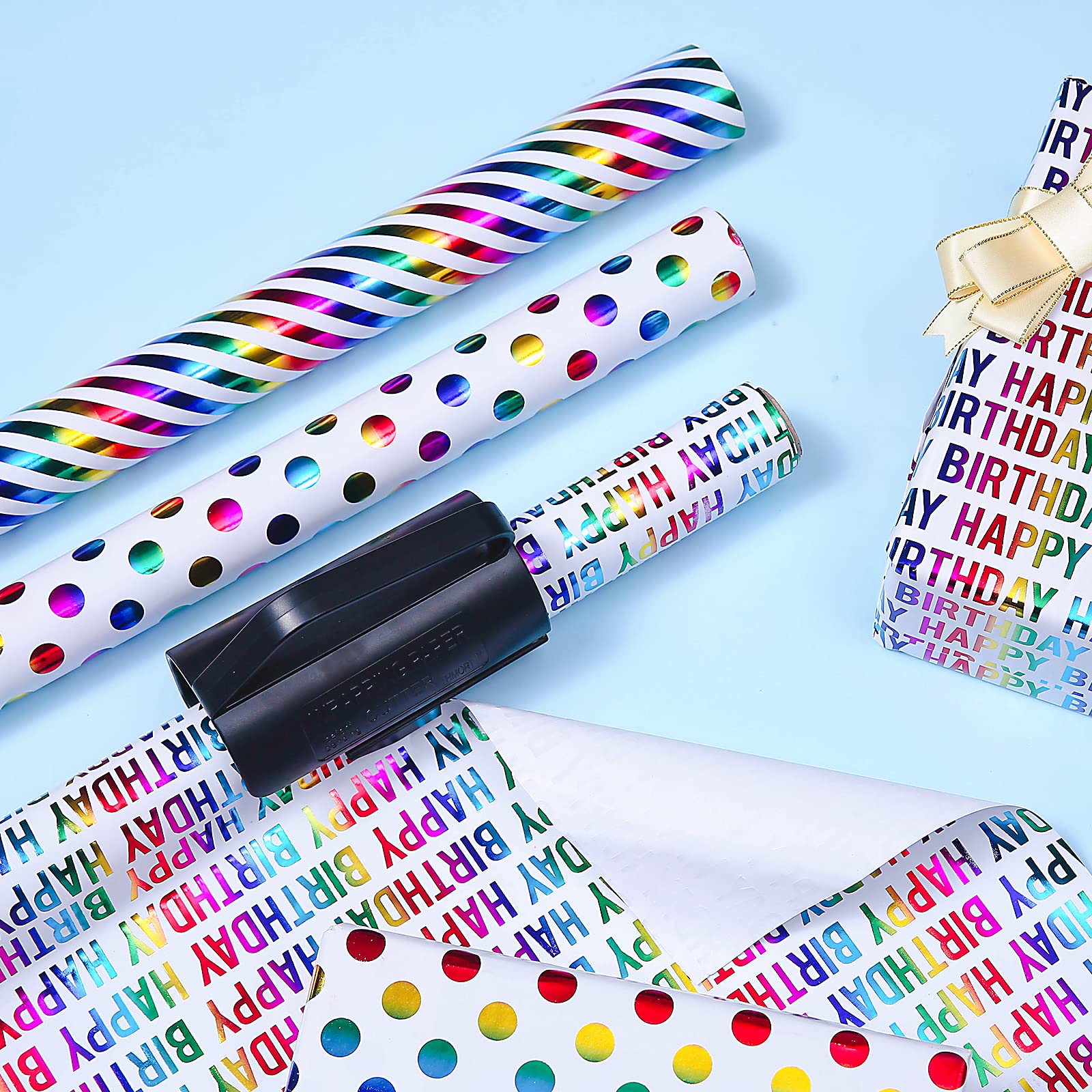 THMORT Colorful Foil Birthday Wrapping Paper Kit With Cutter for Kids & Adults, 17 x 120 Inch Mini Rolls With Rainbow Lettering