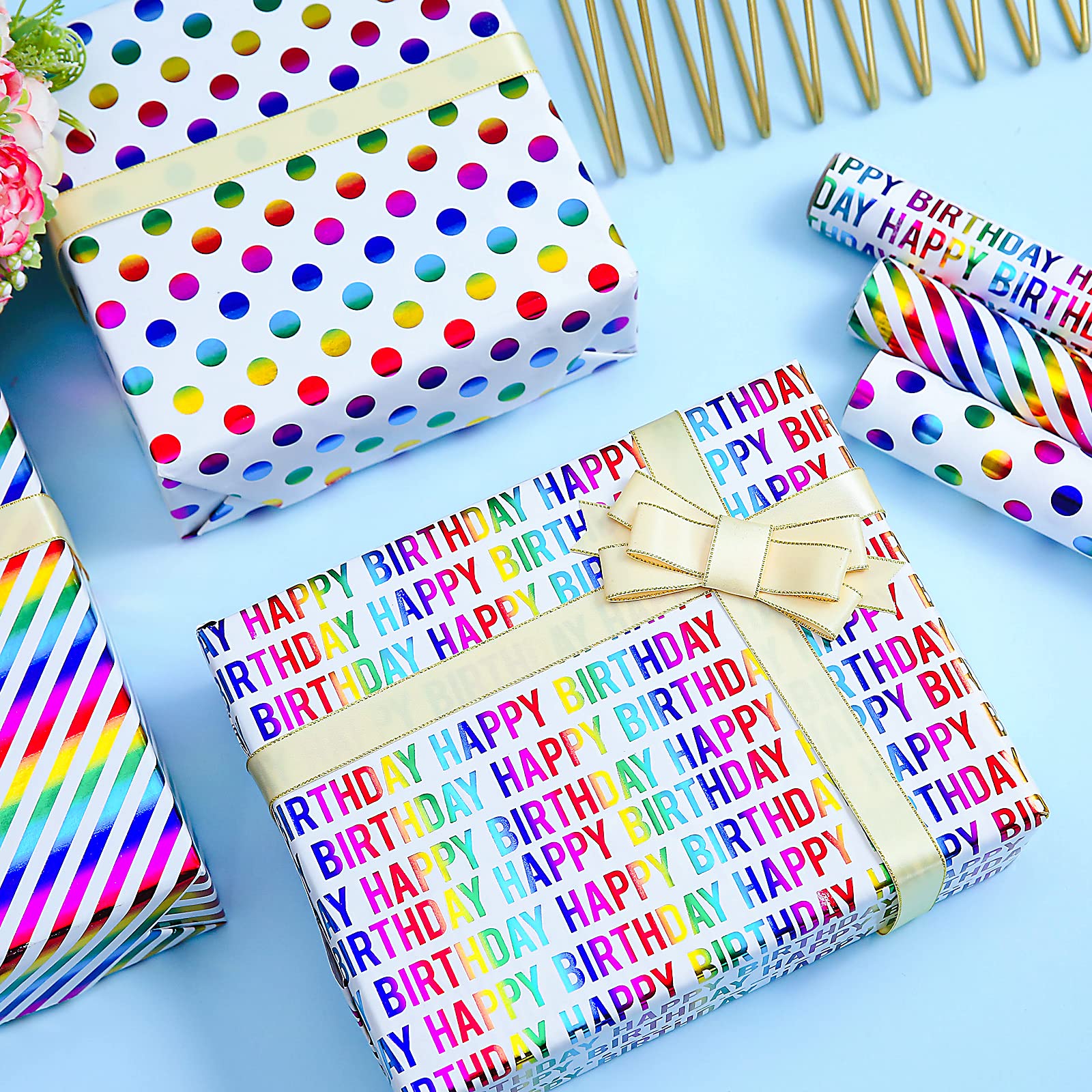 THMORT Colorful Foil Birthday Wrapping Paper Kit With Cutter for Kids & Adults, 17 x 120 Inch Mini Rolls With Rainbow Lettering