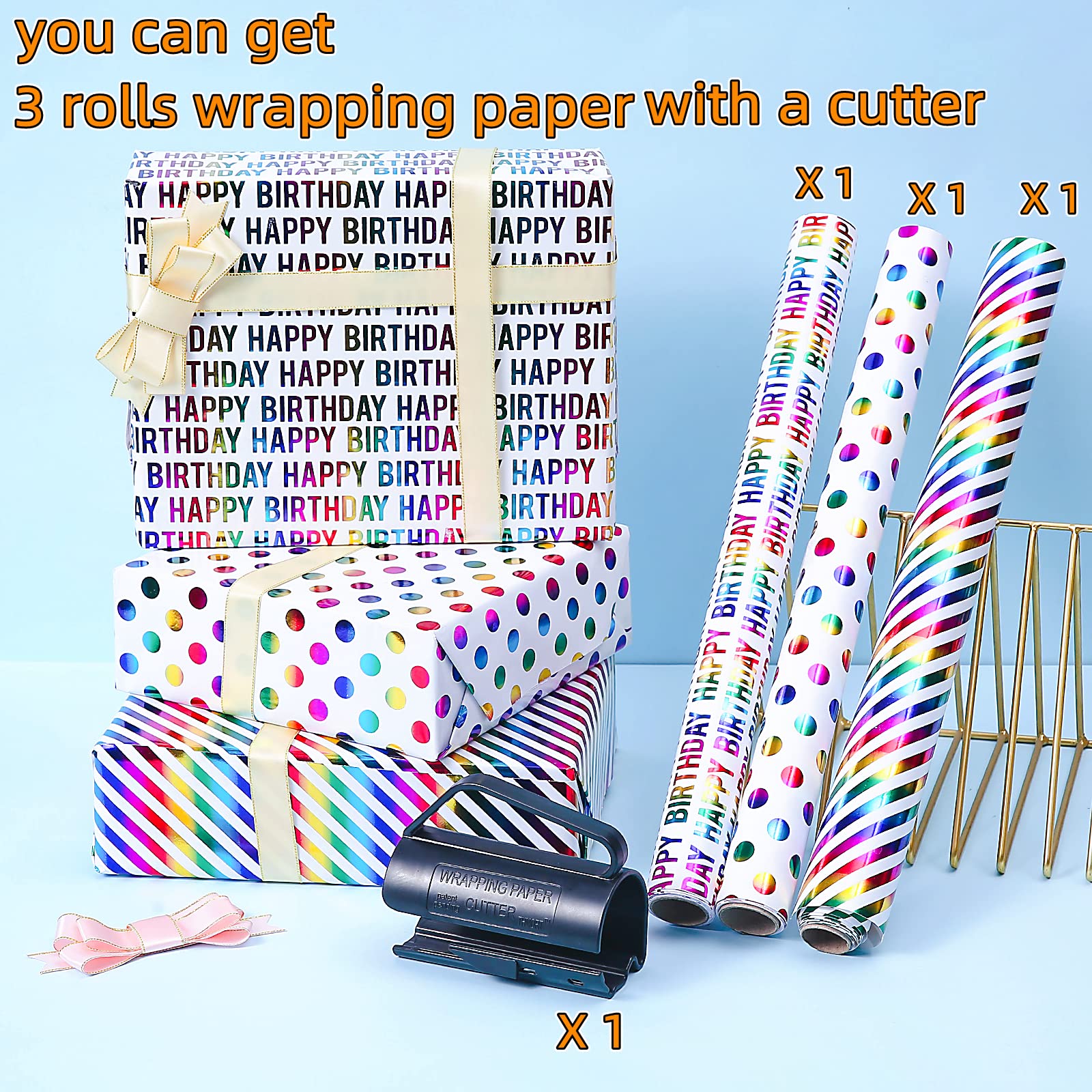 THMORT Colorful Foil Birthday Wrapping Paper Kit With Cutter for Kids & Adults, 17 x 120 Inch Mini Rolls With Rainbow Lettering