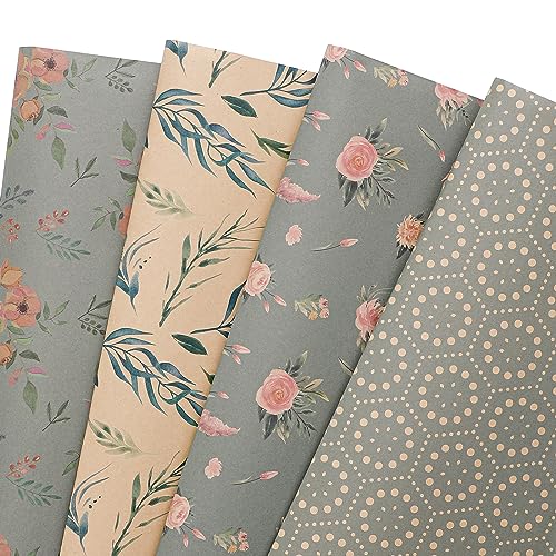 PlandRichW Wrapping Paper of Stylishly Designed Folded Kraft Wrapping Paper 12 Sheets Recycled Gift Wrapping Paper for Birthday, Wedding, Mother's Day, Party, and Baby Shower Precut 20" X 29"