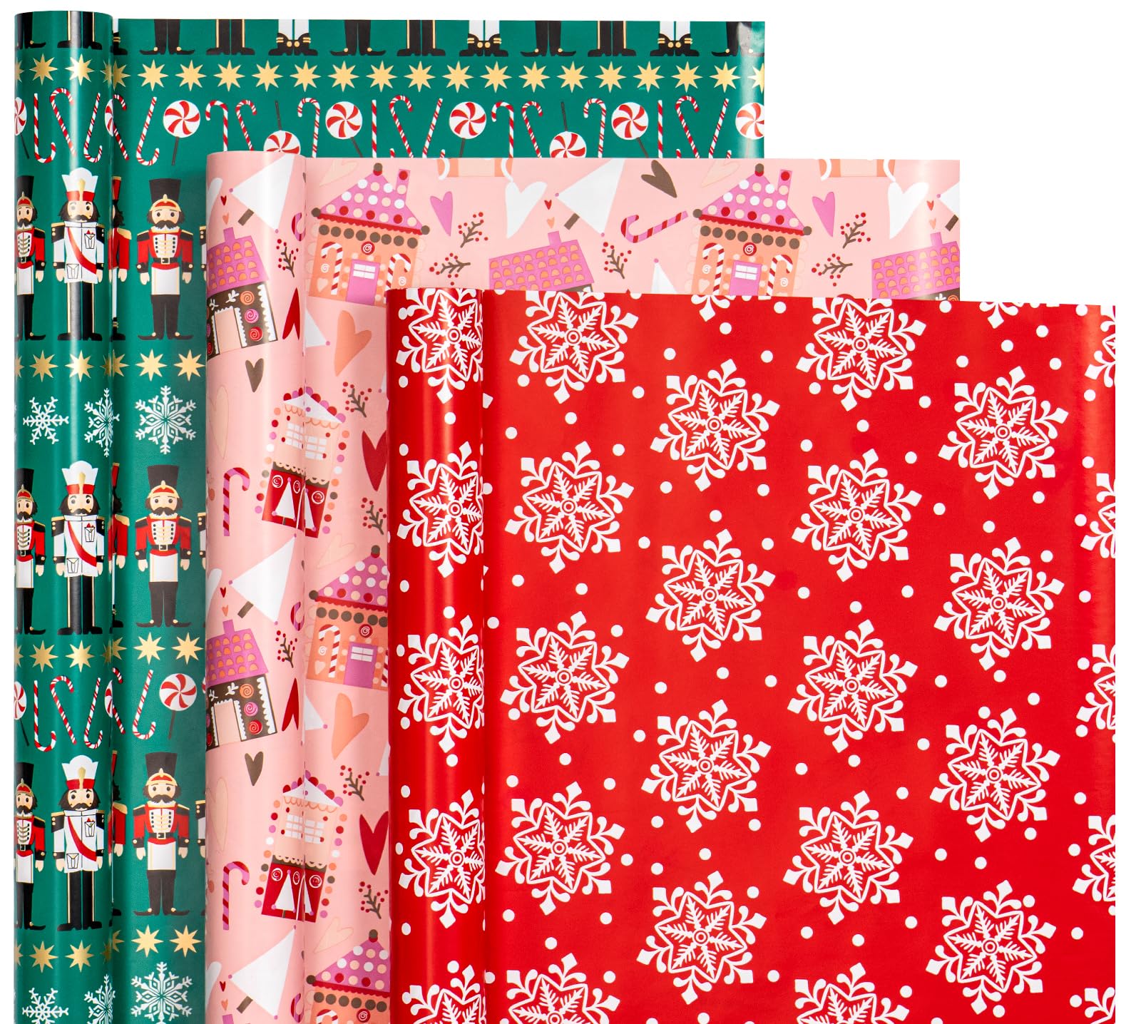 WRAPAHOLIC Christmas Wrapping Paper Roll - Mini Roll - 3 Rolls - 17 Inch X 120 Inch Per Roll - Nutcracker, House, Snowflake Holiday Collection