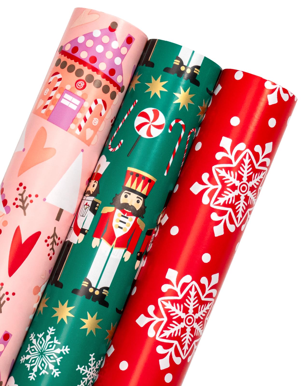 WRAPAHOLIC Christmas Wrapping Paper Roll - Mini Roll - 3 Rolls - 17 Inch X 120 Inch Per Roll - Nutcracker, House, Snowflake Holiday Collection