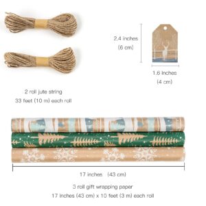 RUSPEPA Christmas Wrapping Paper Rolls with Tags and Jute String - 17 inches x 10 feet per Roll, Total of 3 Rolls