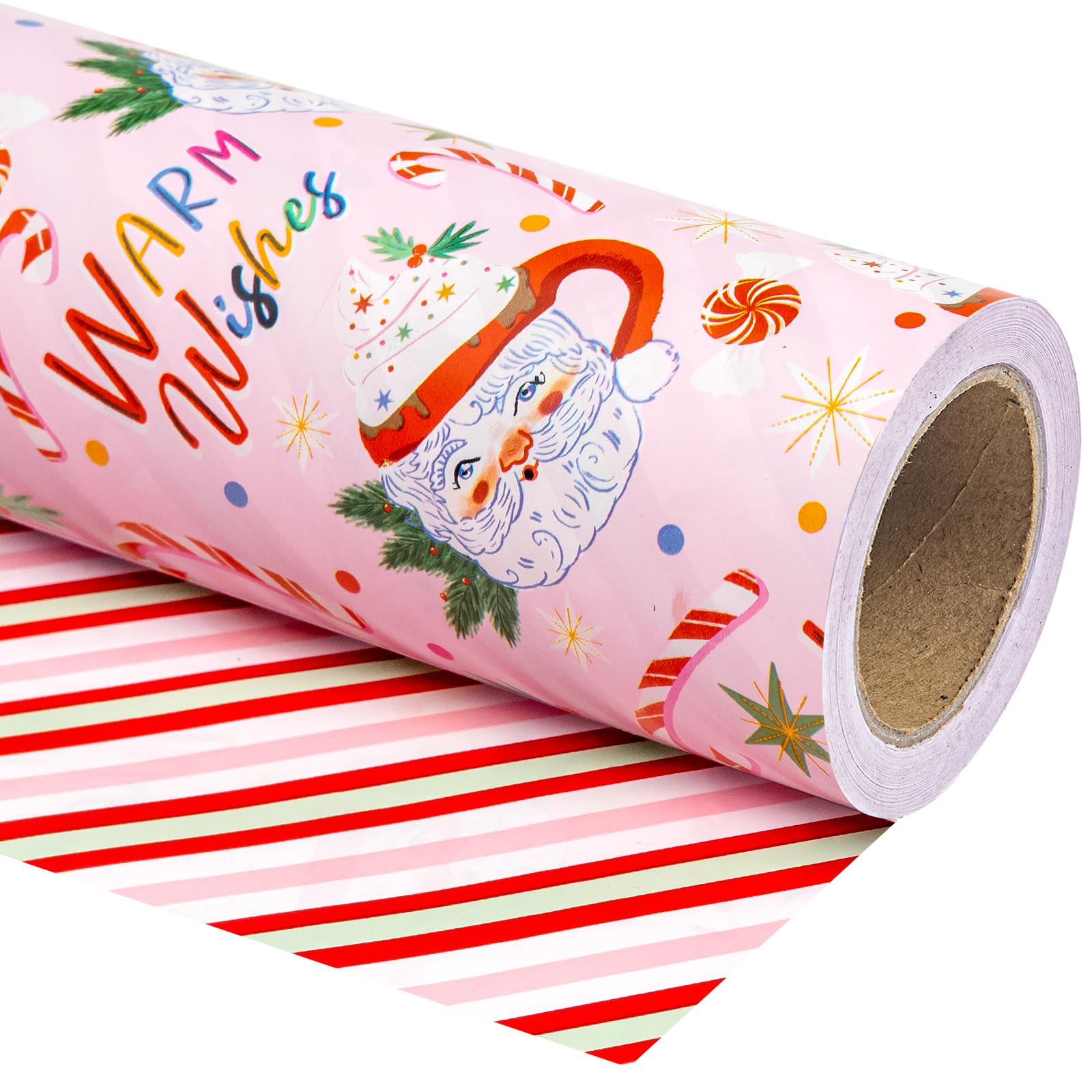 WRAPAHOLIC Reversible Christmas Wrapping Paper - Mini Roll - 17 Inch X 33 Feet - Santa Claus Cup and Stripe Design for Chrsitmas, Holiday, Party Celebration