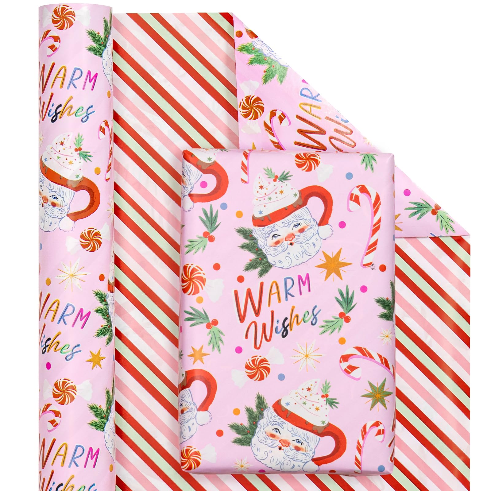 WRAPAHOLIC Reversible Christmas Wrapping Paper - Mini Roll - 17 Inch X 33 Feet - Santa Claus Cup and Stripe Design for Chrsitmas, Holiday, Party Celebration