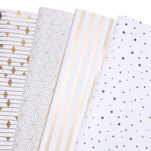 PlandRichW Gold Wrapping Paper Folded for Birthdays, Weddings, Graduations, Father's Day, Christmas, Hanukkah, Holidays, White & Gold Foil Design Triangle Striped Polka Dot Grid 12 Sheets 20"x29"