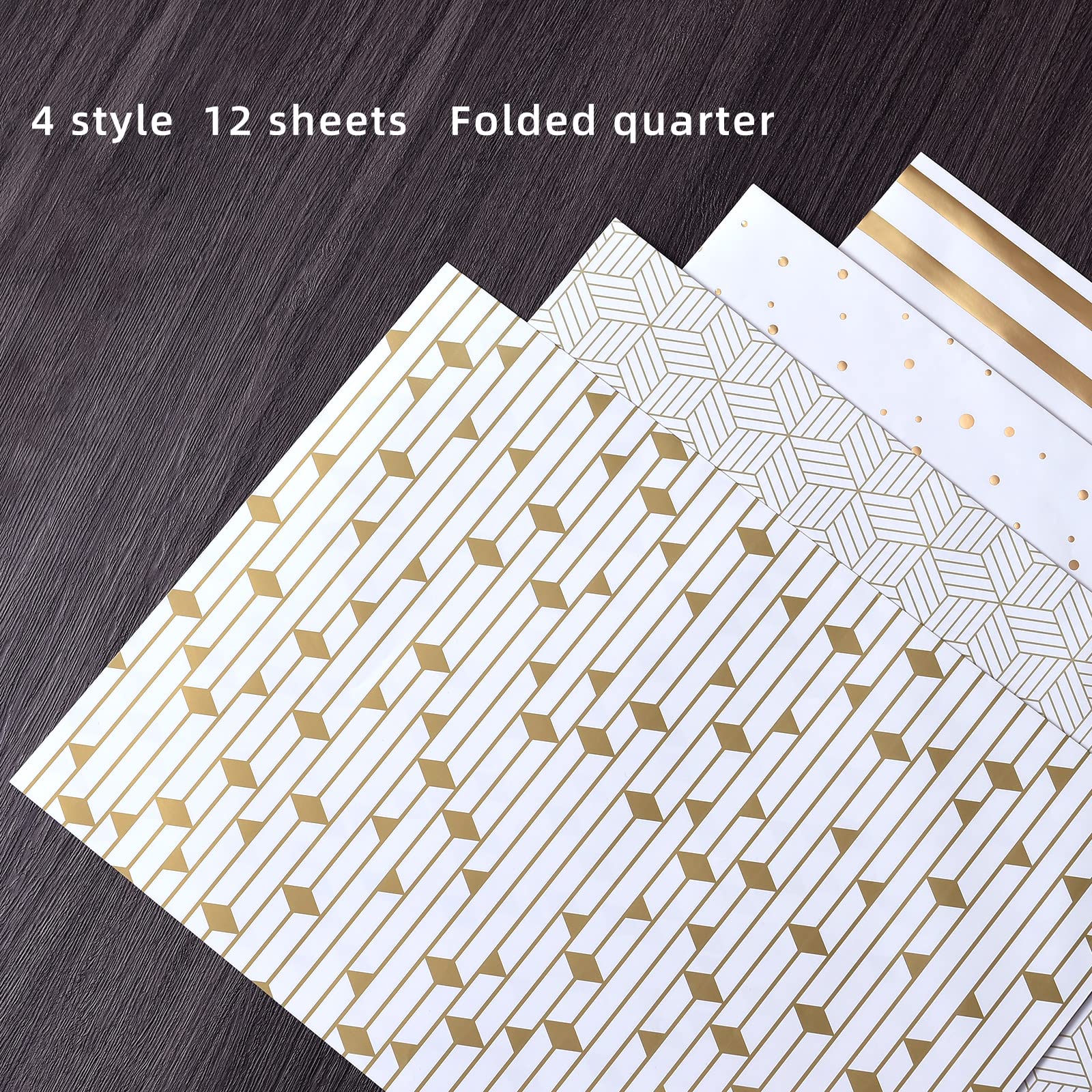 PlandRichW Gold Wrapping Paper Folded for Birthdays, Weddings, Graduations, Father's Day, Christmas, Hanukkah, Holidays, White & Gold Foil Design Triangle Striped Polka Dot Grid 12 Sheets 20"x29"