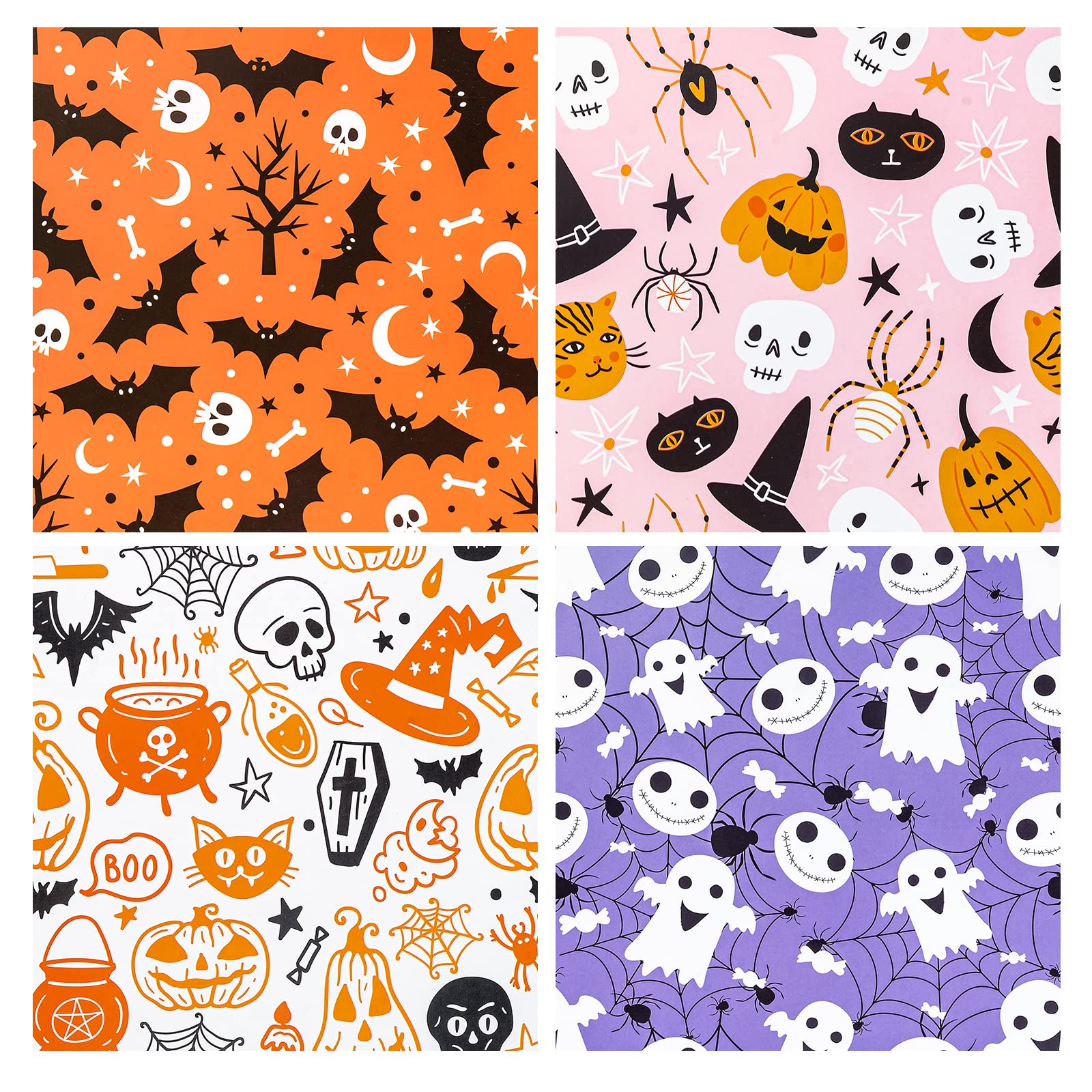 LeZakaa Halloween Wrapping Paper Sheet - 12 Sheet with 4 Different Design - Skull/Ghost/Pumpkin/Bat Pattern for Men, Women, Kids, Boys, Girls - 27.5 x 19.6 inches Per Sheet