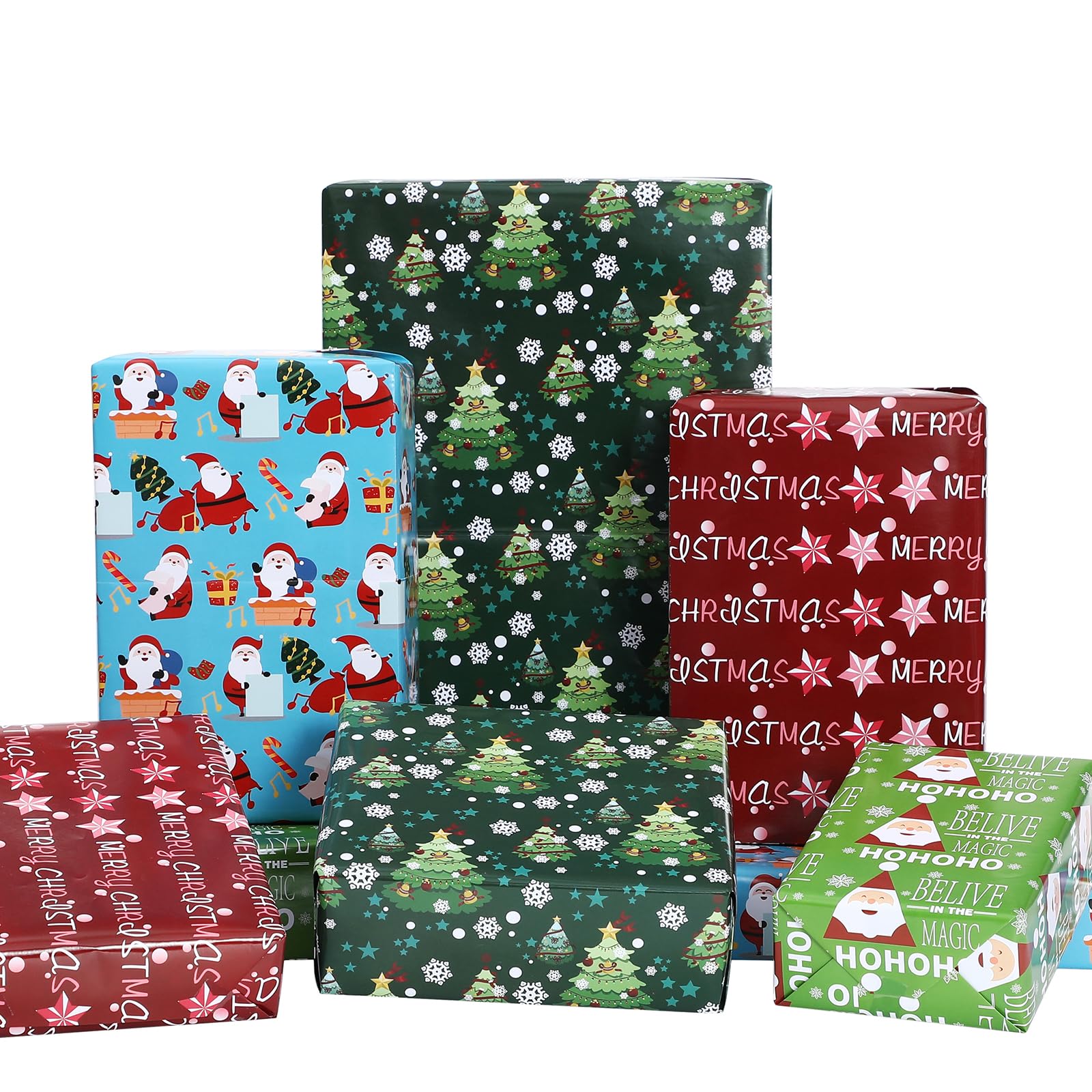 PlandRichW Christmas Wrapping Paper 12 Sheets Folded for Kids Boys Girls Men Women Gifts. Green,Red and Blue, Christmas Tree, Greetings, Santa, Gift and Snowflakes, 20 X 29 Inches Each