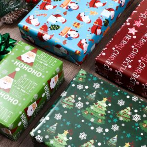 PlandRichW Christmas Wrapping Paper 12 Sheets Folded for Kids Boys Girls Men Women Gifts. Green,Red and Blue, Christmas Tree, Greetings, Santa, Gift and Snowflakes, 20 X 29 Inches Each