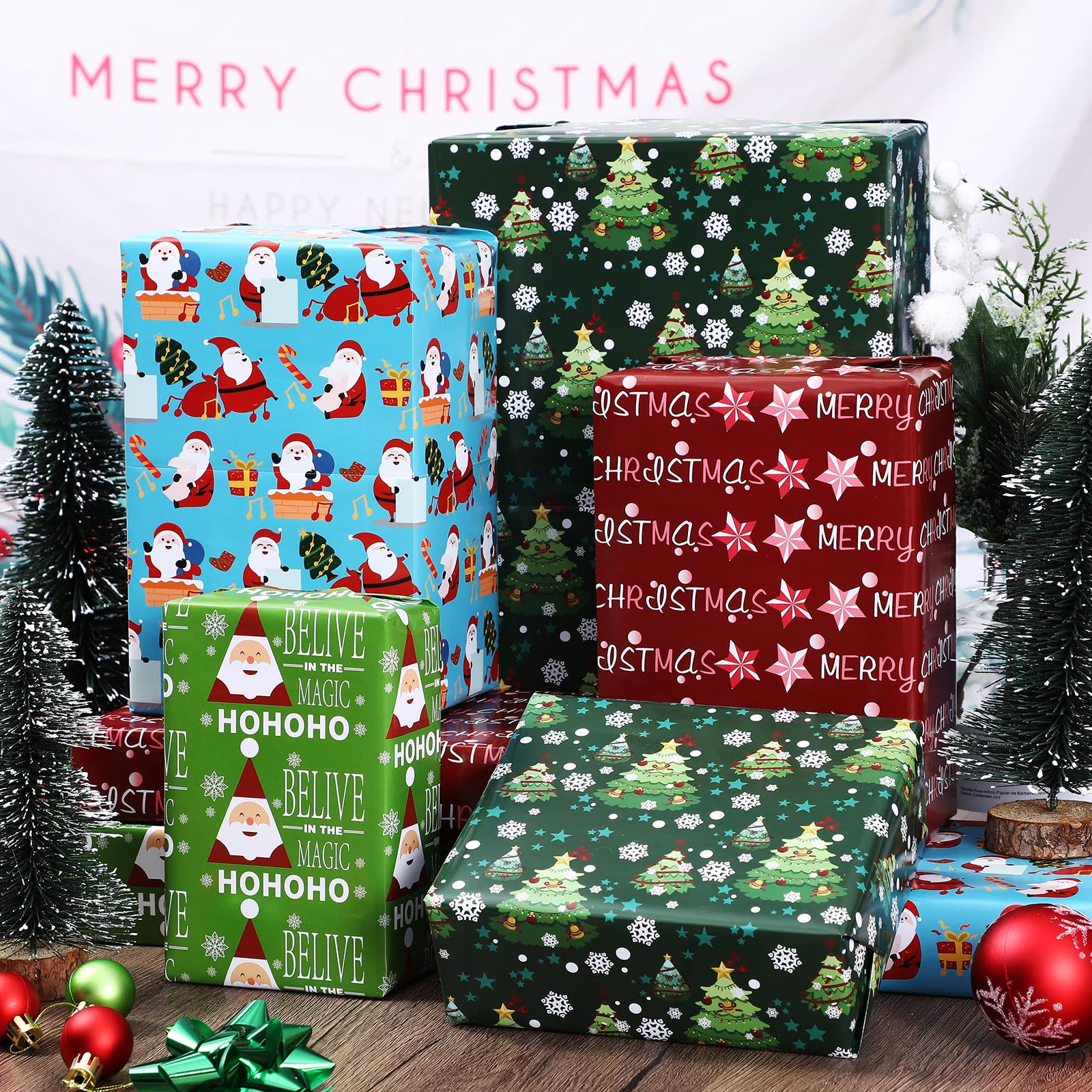 PlandRichW Christmas Wrapping Paper 12 Sheets Folded for Kids Boys Girls Men Women Gifts. Green,Red and Blue, Christmas Tree, Greetings, Santa, Gift and Snowflakes, 20 X 29 Inches Each