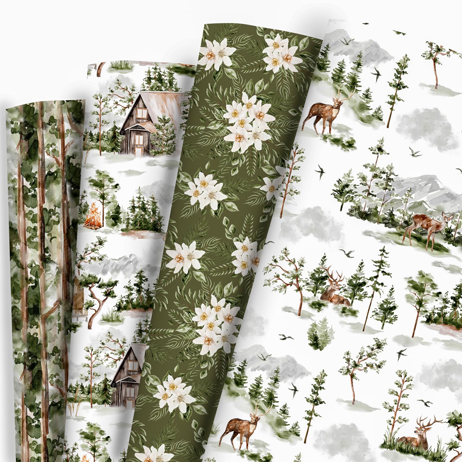 Dtiafu Forest Green Wrapping Paper 4 Watercolor Woodland Style Gift Wrap Paper Bulk Green Tree and Farmhouse for Christmas Wedding Baby Shower, 20 X 28 Inch, Folded Flat (8 Sheet)