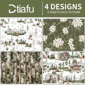 Dtiafu Forest Green Wrapping Paper 4 Watercolor Woodland Style Gift Wrap Paper Bulk Green Tree and Farmhouse for Christmas Wedding Baby Shower, 20 X 28 Inch, Folded Flat (8 Sheet)