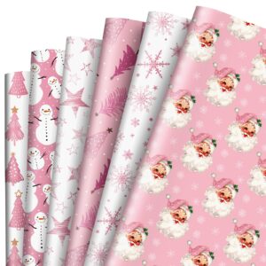 AnyDesign 12 Sheet Pink Christmas Wrapping Paper Santa Snowman Snowflake Star Tree Gift Wrap Paper Folded Flat Xmas Art Paper for Christmas Winter Birthday DIY Crafts Gift Wrapping, 19.7 x 27.6 Inch