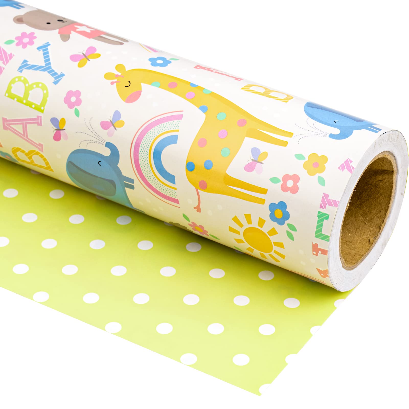 WRAPAHOLIC Reversible Baby Shower Wrapping Paper - Mini Roll - 17 Inch X 33 Feet - Animals & New Baby Design for Birthday, Holiday, Party