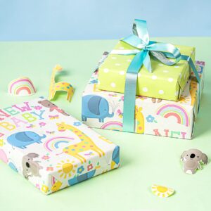 WRAPAHOLIC Reversible Baby Shower Wrapping Paper - Mini Roll - 17 Inch X 33 Feet - Animals & New Baby Design for Birthday, Holiday, Party