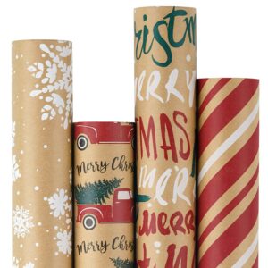 ruspepa wrapping paper, kraft paper - snowflakes, car and christmas tree, stripes and merry christmas - 4 rolls - 30 inches x 10 feet per roll