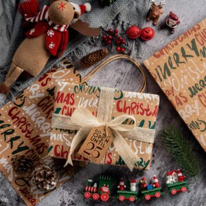 RUSPEPA Wrapping Paper, Kraft Paper - Snowflakes, Car and Christmas Tree, Stripes and Merry Christmas - 4 Rolls - 30 inches x 10 feet per Roll