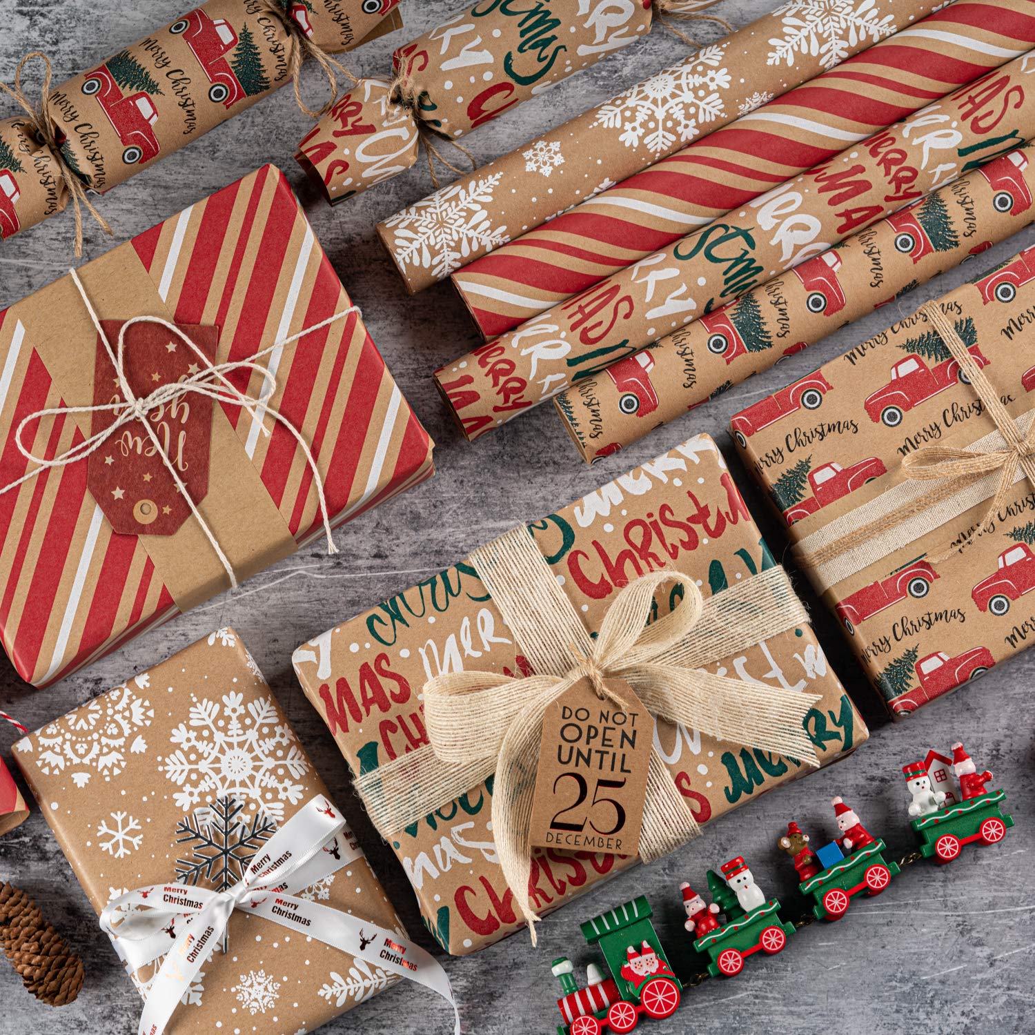 RUSPEPA Wrapping Paper, Kraft Paper - Snowflakes, Car and Christmas Tree, Stripes and Merry Christmas - 4 Rolls - 30 inches x 10 feet per Roll