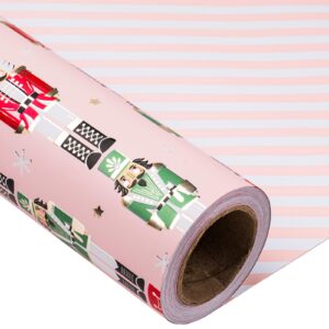 LeZakaa Reversible Christmas Wrapping Paper - Jumbo Roll - Pink Metallic Foil Gift Wrap Paper with Nutcracker & Stripe - 30 inches x 100 Feet (250 sq.ft.)