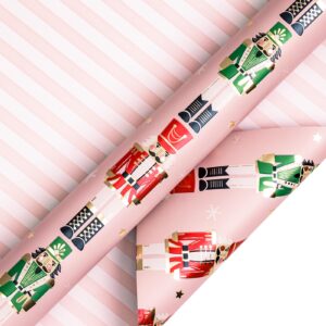 LeZakaa Reversible Christmas Wrapping Paper - Jumbo Roll - Pink Metallic Foil Gift Wrap Paper with Nutcracker & Stripe - 30 inches x 100 Feet (250 sq.ft.)