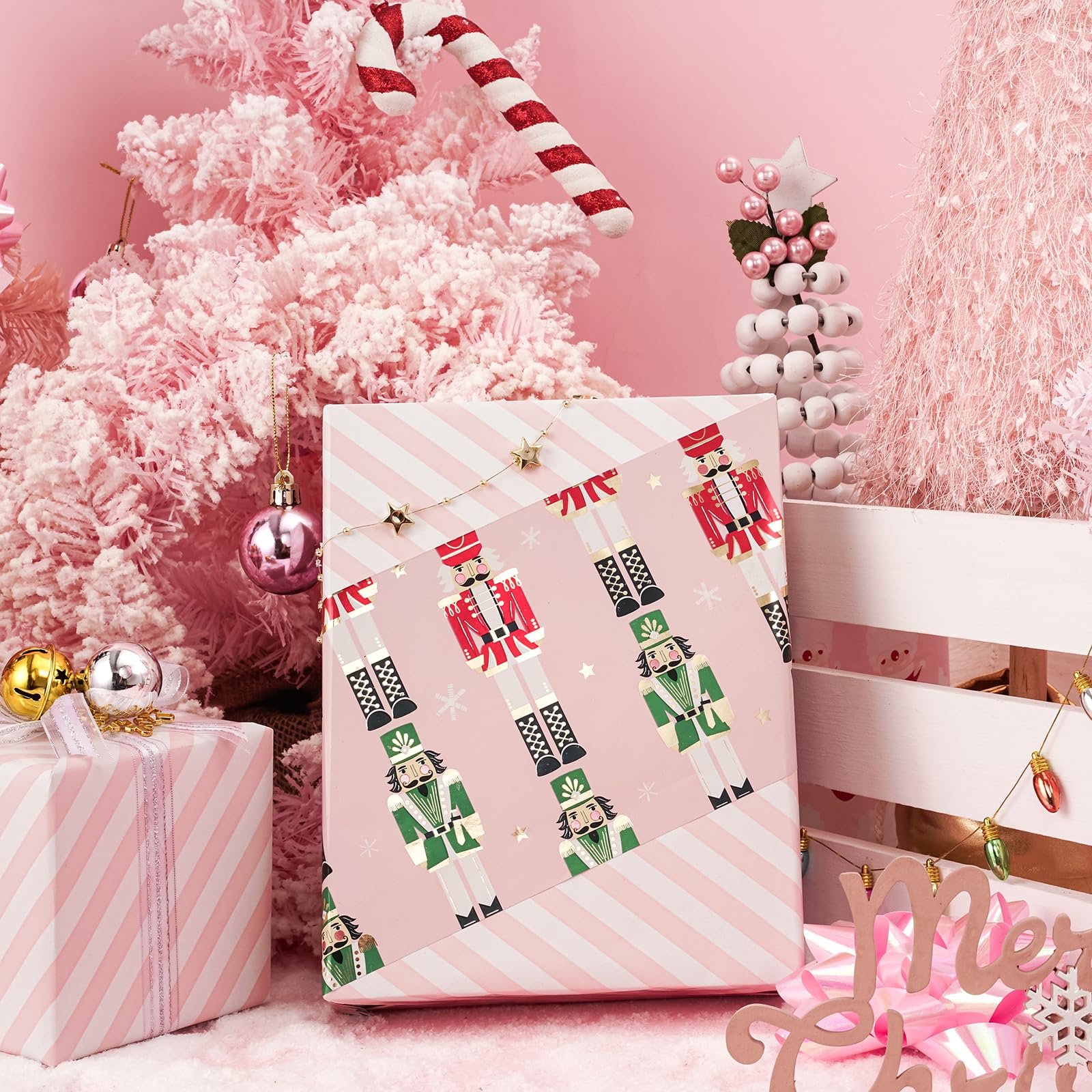 LeZakaa Reversible Christmas Wrapping Paper - Jumbo Roll - Pink Metallic Foil Gift Wrap Paper with Nutcracker & Stripe - 30 inches x 100 Feet (250 sq.ft.)