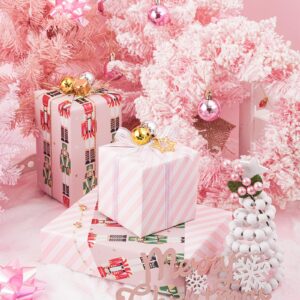 LeZakaa Reversible Christmas Wrapping Paper - Jumbo Roll - Pink Metallic Foil Gift Wrap Paper with Nutcracker & Stripe - 30 inches x 100 Feet (250 sq.ft.)