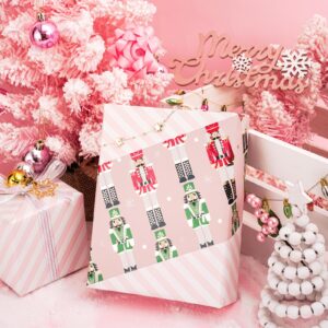 LeZakaa Reversible Christmas Wrapping Paper - Jumbo Roll - Pink Metallic Foil Gift Wrap Paper with Nutcracker & Stripe - 30 inches x 100 Feet (250 sq.ft.)