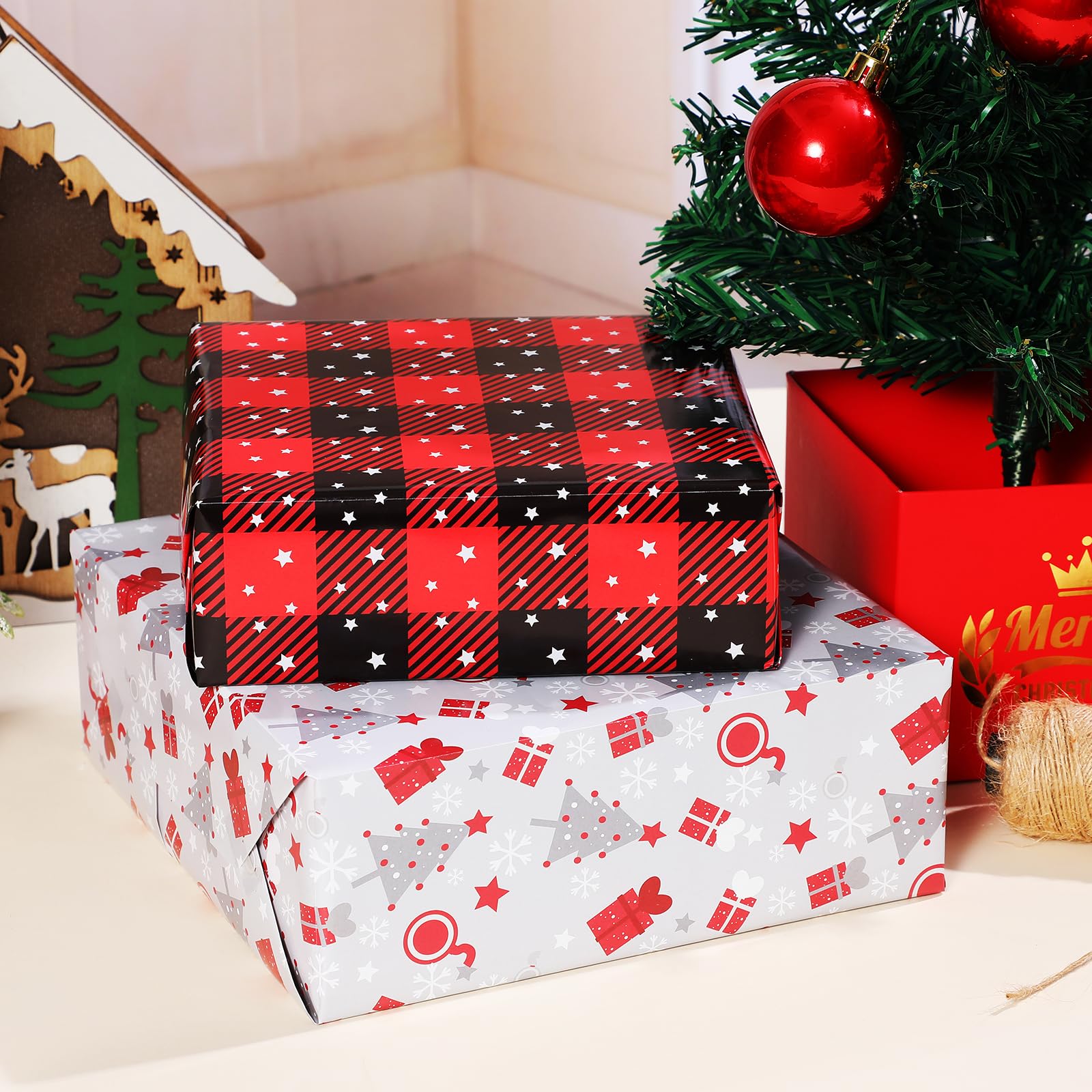 Ulmasinn Christmas Wrapping Paper Holiday Woodland Gift Scene with Christmas Tree, Snowflakes, Plaid, Reindeer, Flat 8 Sheets 20 X 29 Inches Each