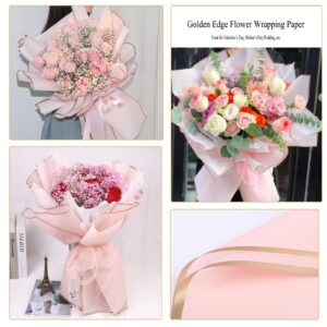 Gloreyan 20 Sheets Gold Edge Flower Wrapping Paper, Pink Florist Bouquet DIY Craft Fresh Flower Bouquet Wrap Waterproof Floral Wrapping Gift Box Packaging Material Florist Supplies, 22.8*22.8